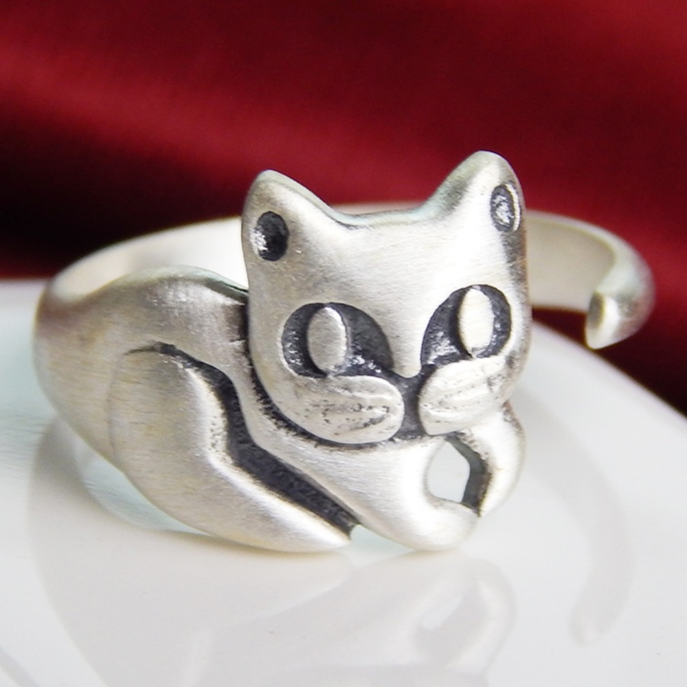 925 Sterling Silver Simple Retro Open Adjustable Cat Ring